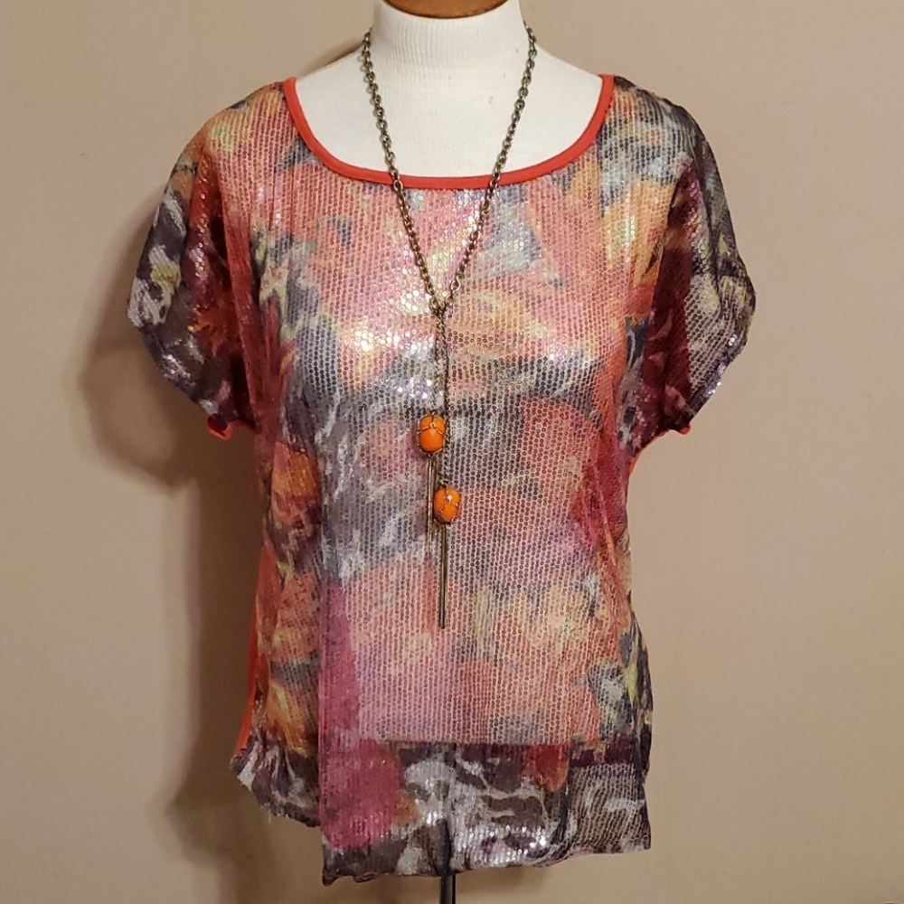 Cato orange sequined short sleeve top size…